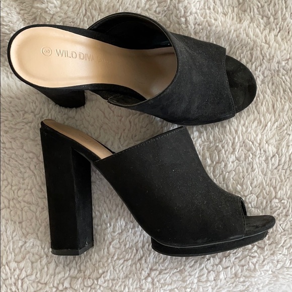 Miss Lola Shoes - Black Suede Platform Chunky Heels